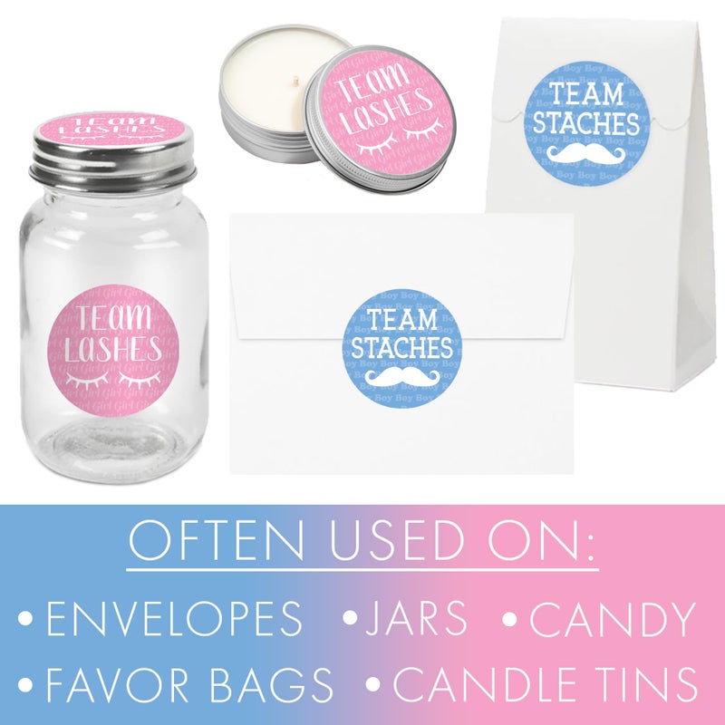 DISTINCTIVS Baby Gender Reveal Team Lashes or Team Staches Stickers, Pink or Blue - 40 Labels - Image 4